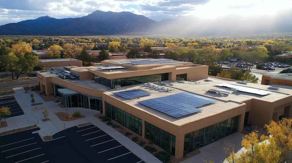 A commercial roof on a public library in a location similar to Santa Fe with a light beams aesthetic (AI image)