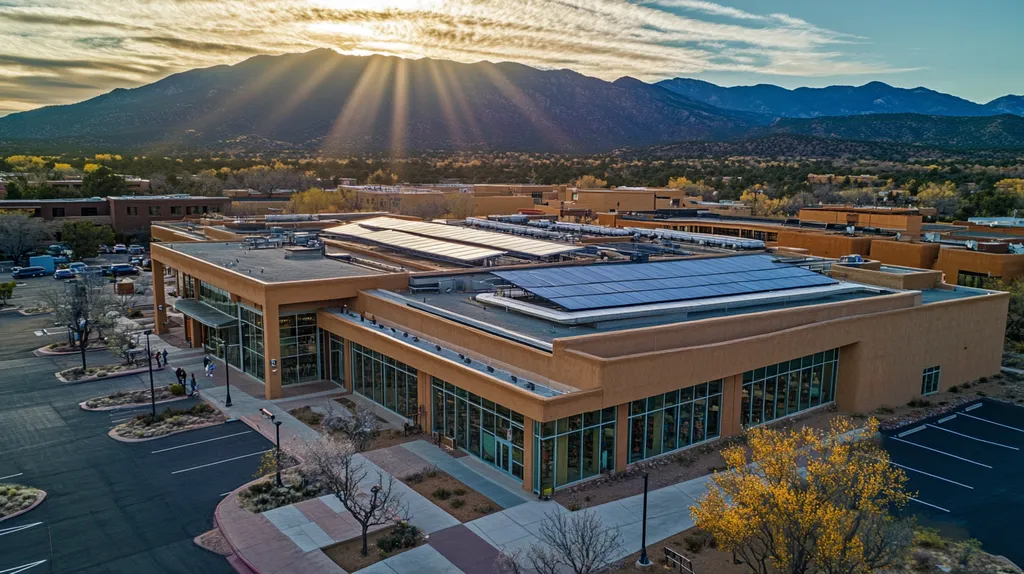 A commercial roof on a public library in a location similar to Santa Fe with a light beams aesthetic (AI image)