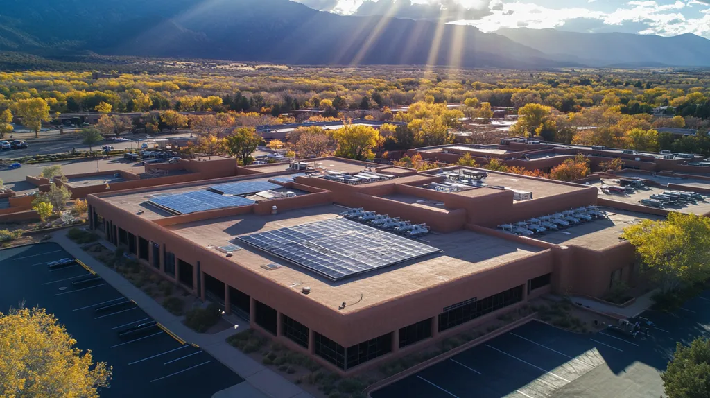 A commercial roof on a public library in a location similar to Santa Fe with a light beams aesthetic (AI image)