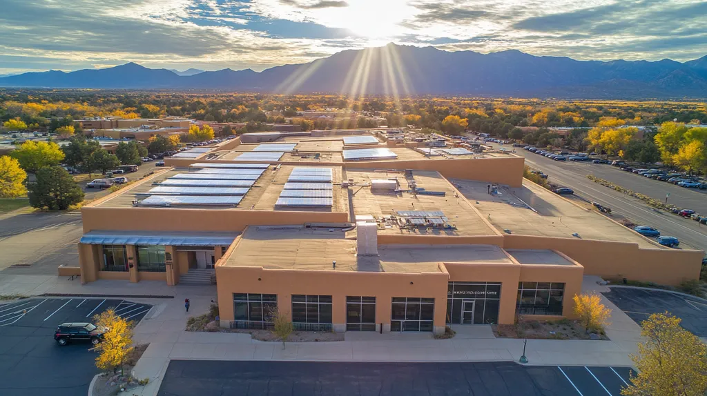 A commercial roof on a public library in a location similar to Santa Fe with a light beams aesthetic (AI image)