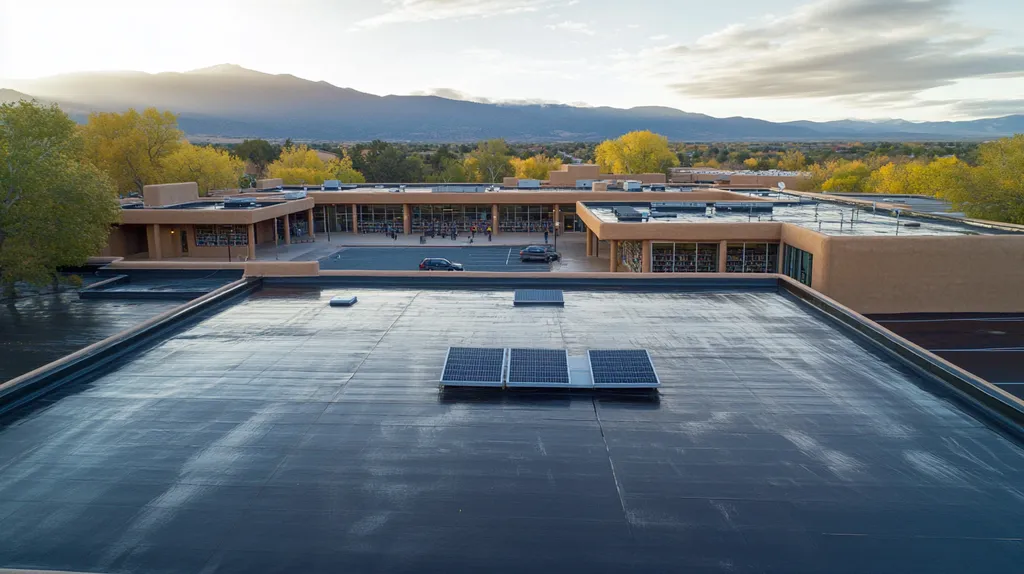 A commercial roof on a public library in a location similar to Santa Fe with a rainy day aesthetic (AI image)