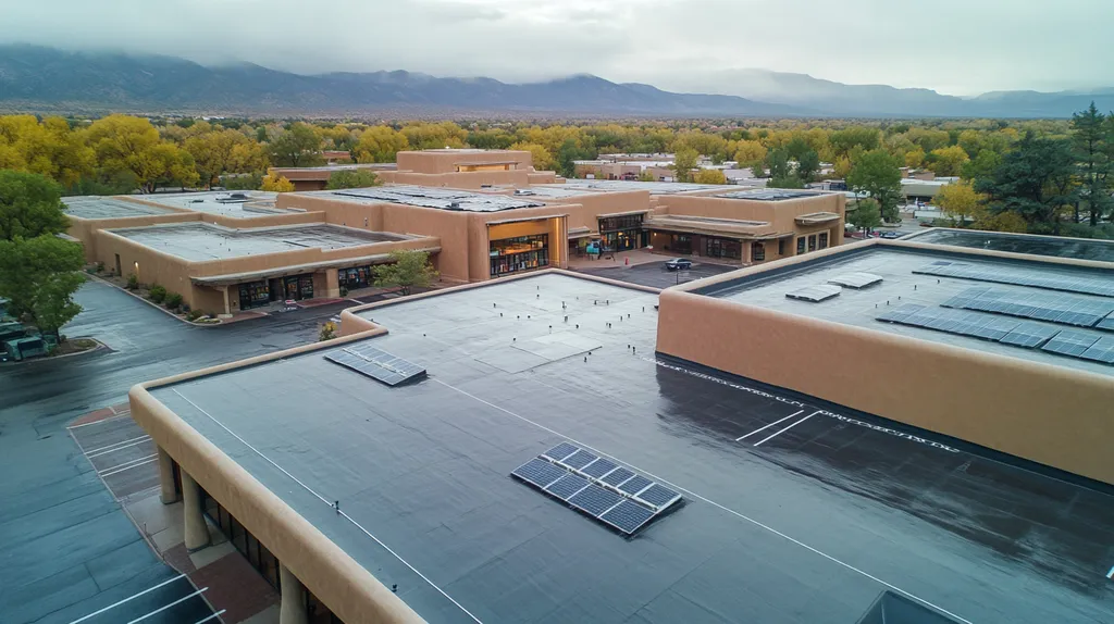 A commercial roof on a public library in a location similar to Santa Fe with a rainy day aesthetic (AI image)