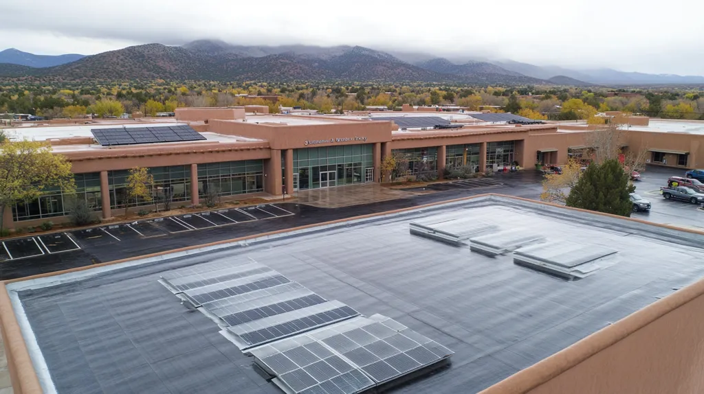 commercial-roof-public-library-Santa-Fe-rainy-day-def22c7f-52b1-48b1-8044-ecc4cd507cd7-We-Coat_result.webp A commercial roof on a public library in a location similar to Santa Fe with a rainy day aesthetic (AI image)