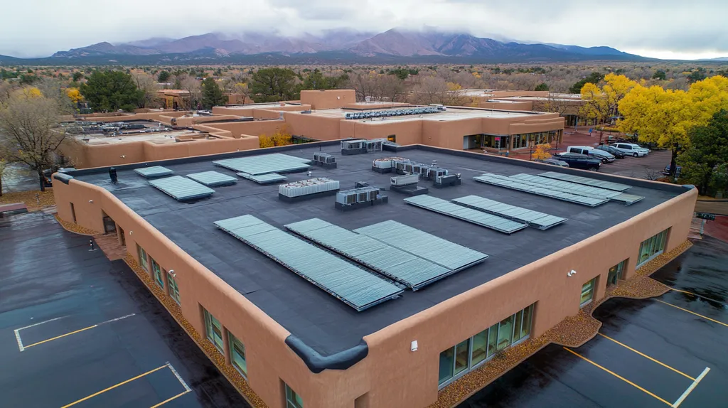 A commercial roof on a public library in a location similar to Santa Fe with a rainy day aesthetic (AI image)