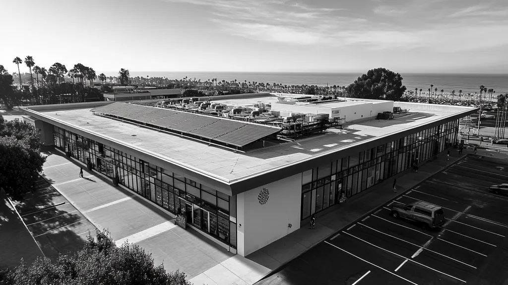 A commercial roof on a public library in a location similar to Santa Monica with a black and white photography aesthetic (AI image)