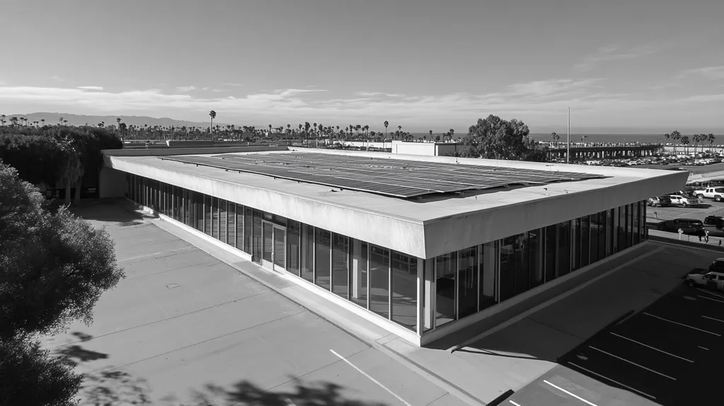 A commercial roof on a public library in a location similar to Santa Monica with a black and white photography aesthetic (AI image)