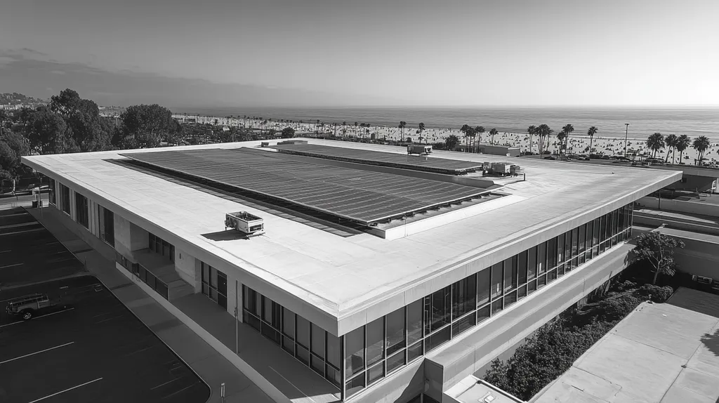 A commercial roof on a public library in a location similar to Santa Monica with a black and white photography aesthetic (AI image)