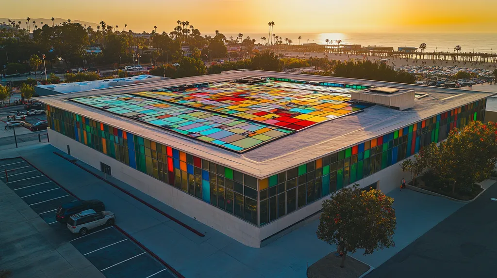 A commercial roof on a public library in a location similar to Santa Monica with a stained glass style aesthetic (AI image)
