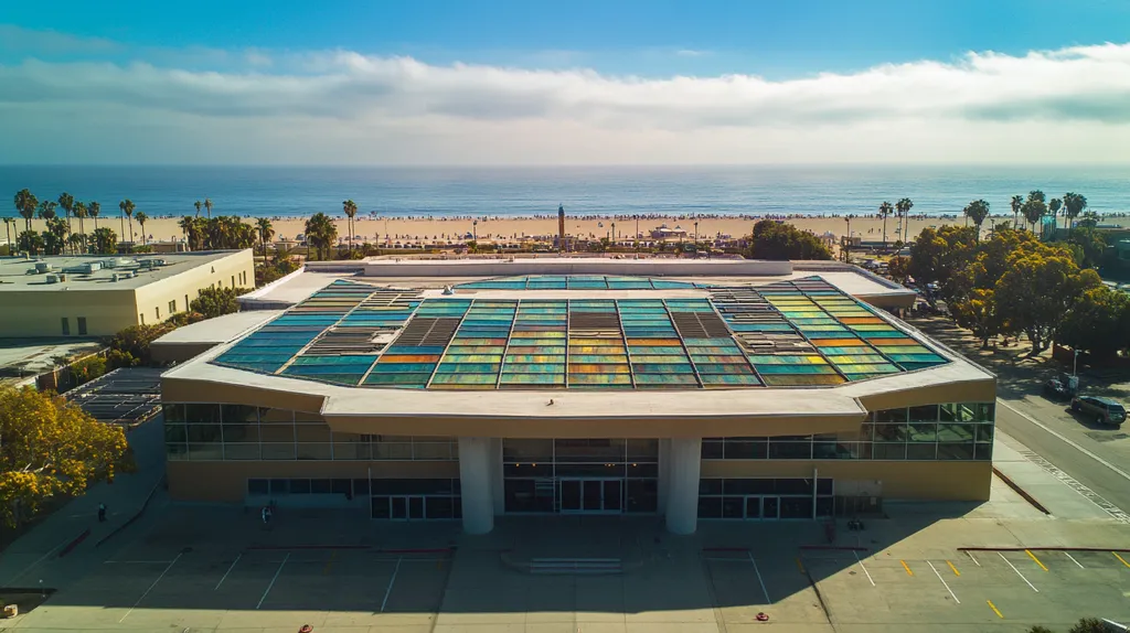 A commercial roof on a public library in a location similar to Santa Monica with a stained glass style aesthetic (AI image)