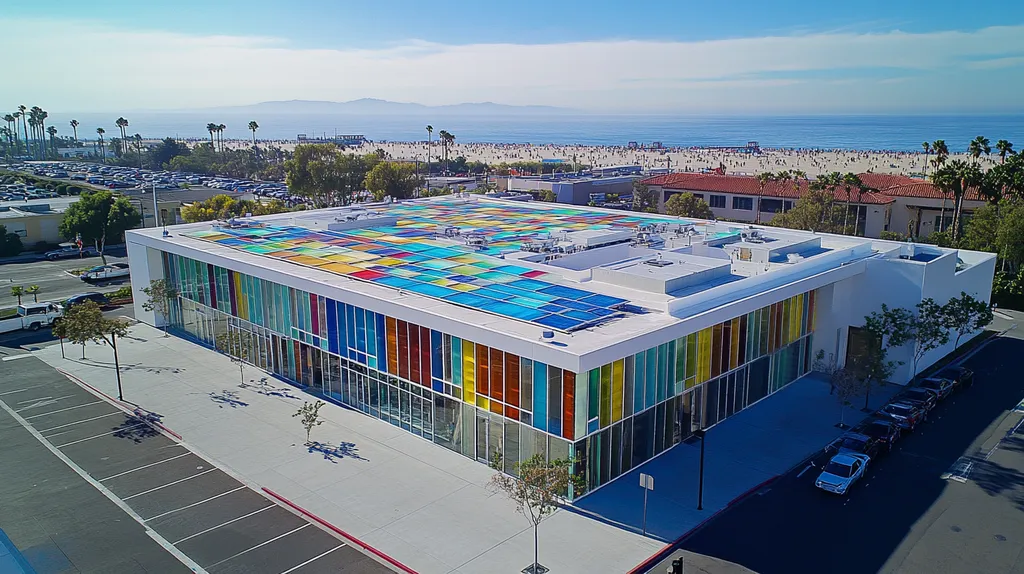A commercial roof on a public library in a location similar to Santa Monica with a stained glass style aesthetic (AI image)