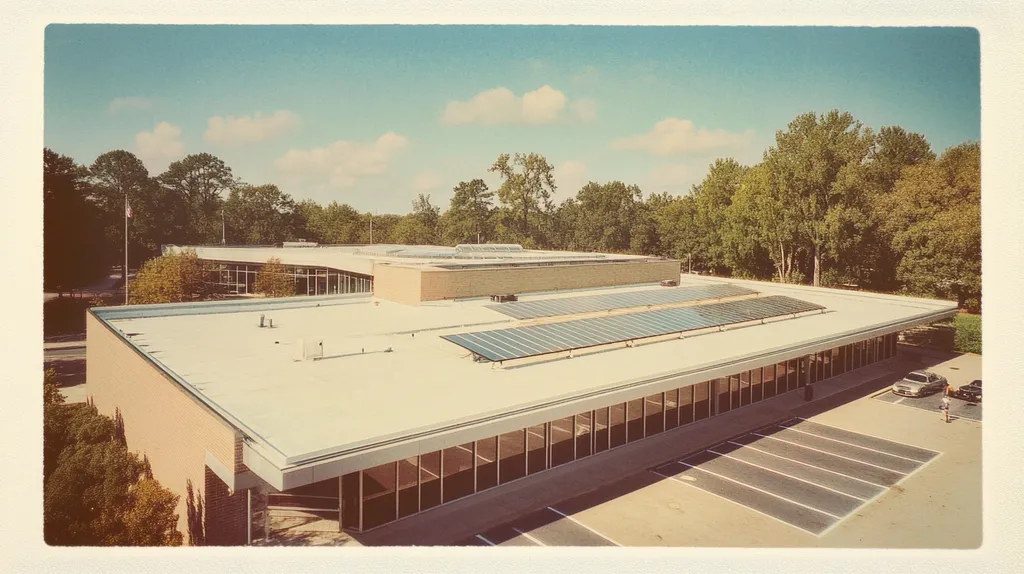 A commercial roof on a public library in a location similar to Savannah with a Polaroid aesthetic (AI image)