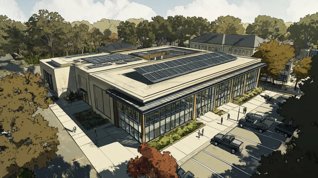 A commercial roof on a public library in a location similar to Savannah with a comic book style aesthetic (AI image)
