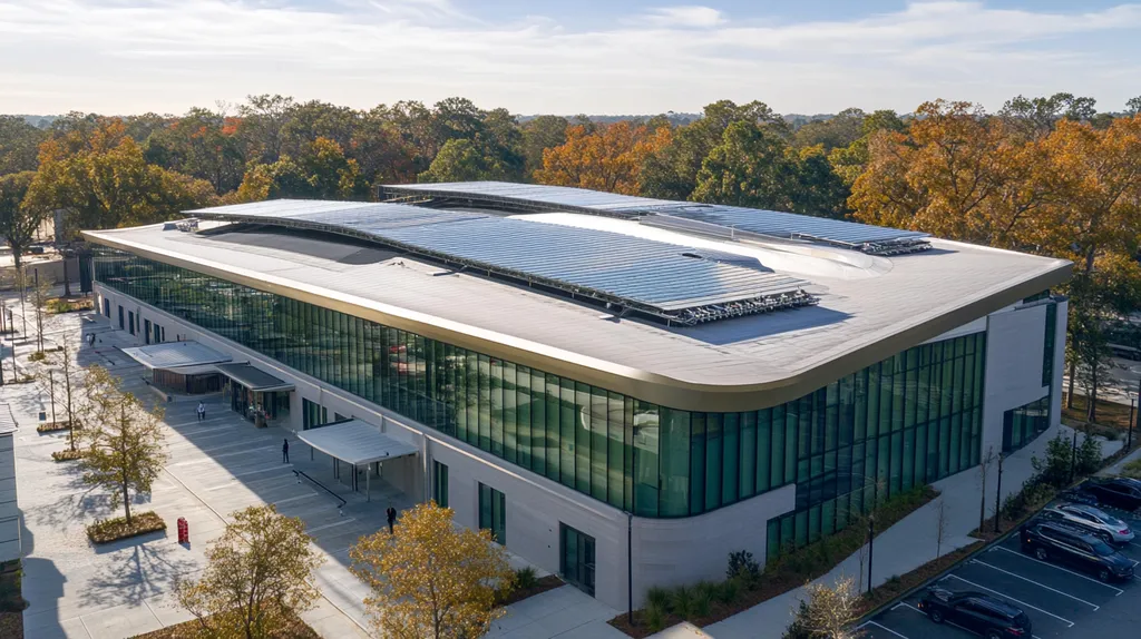 A commercial roof on a public library in a location similar to Savannah with a futuristic aesthetic (AI image)
