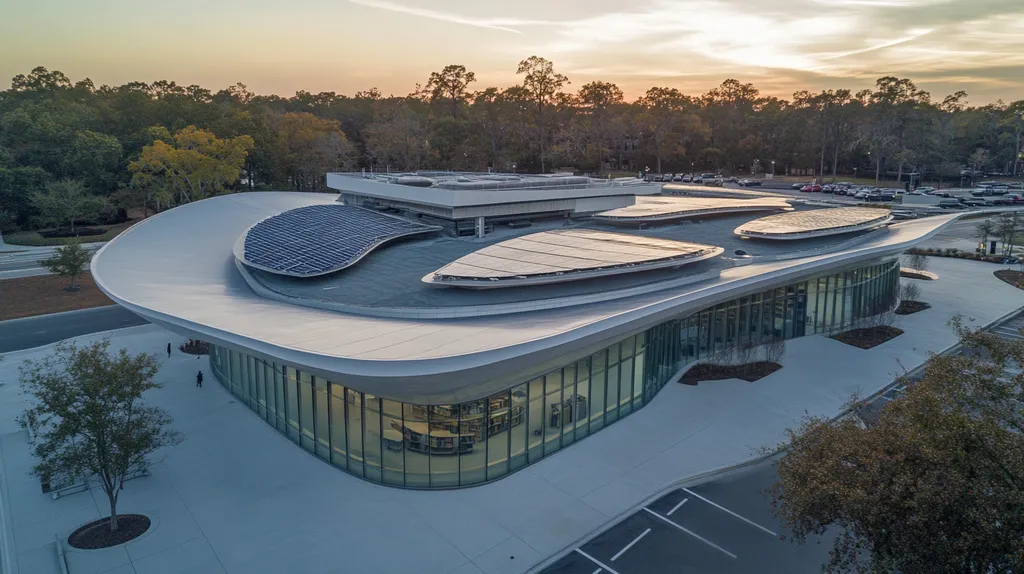 A commercial roof on a public library in a location similar to Savannah with a futuristic aesthetic (AI image)