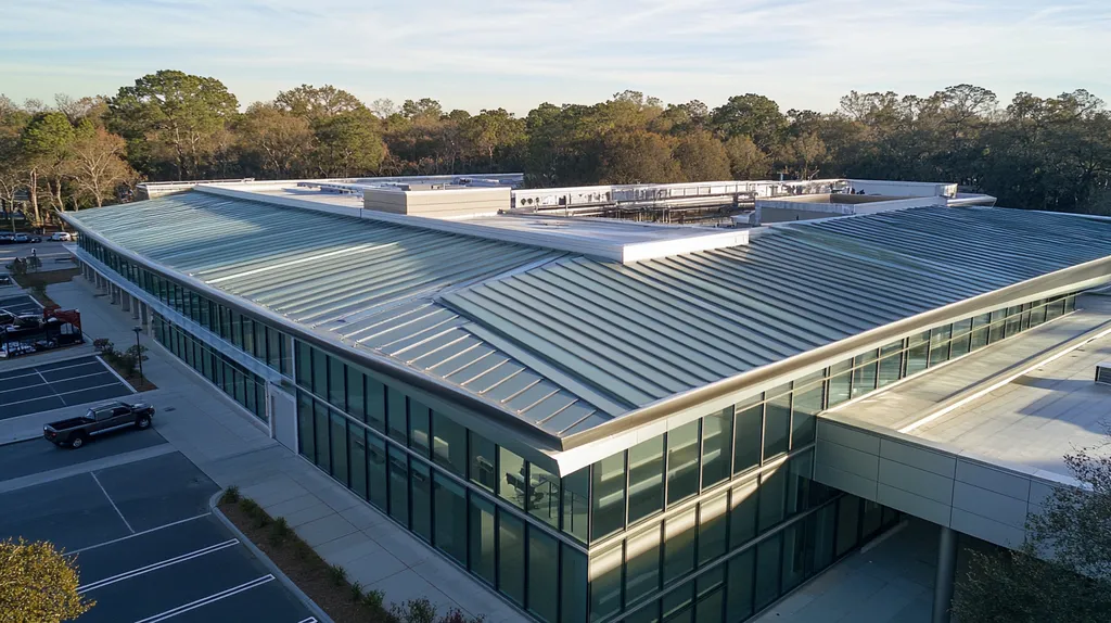 A commercial roof on a public library in a location similar to Savannah with a futuristic aesthetic (AI image)