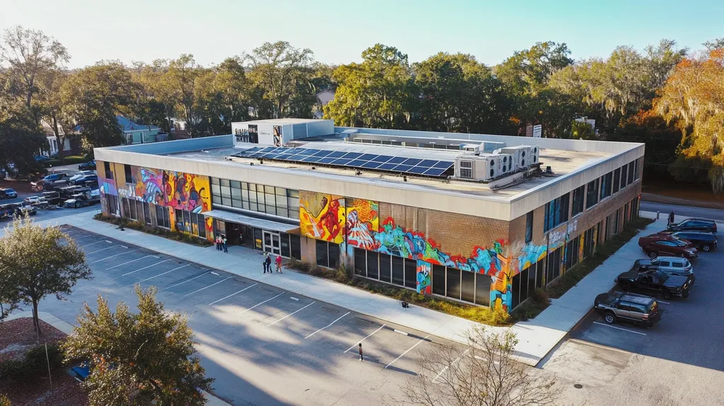 A commercial roof on a public library in a location similar to Savannah with a graffiti mural aesthetic (AI image)