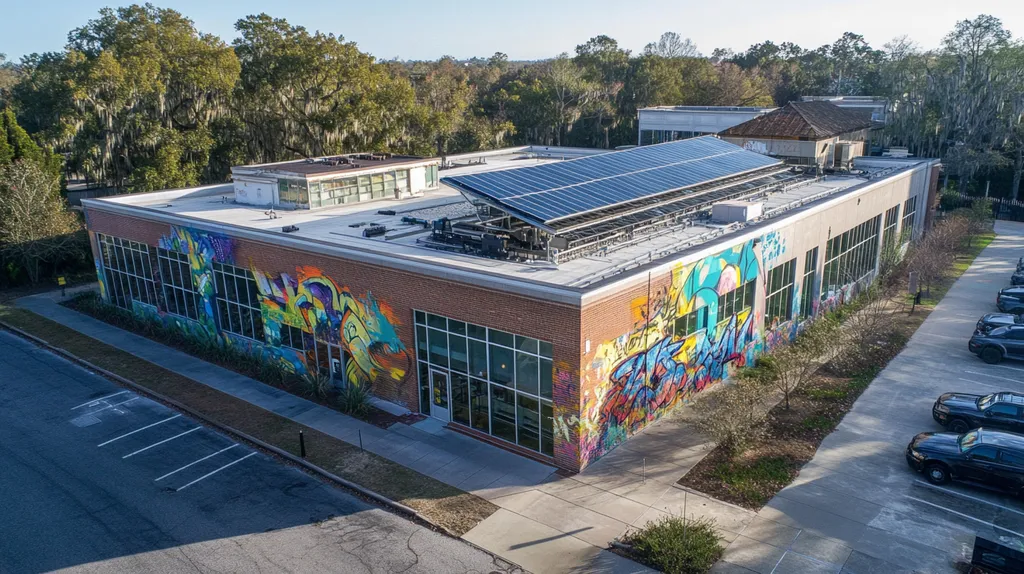 A commercial roof on a public library in a location similar to Savannah with a graffiti mural aesthetic (AI image)