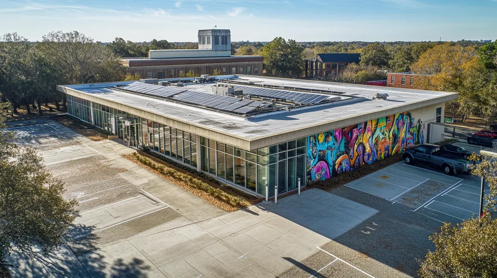 A commercial roof on a public library in a location similar to Savannah with a graffiti mural aesthetic (AI image)