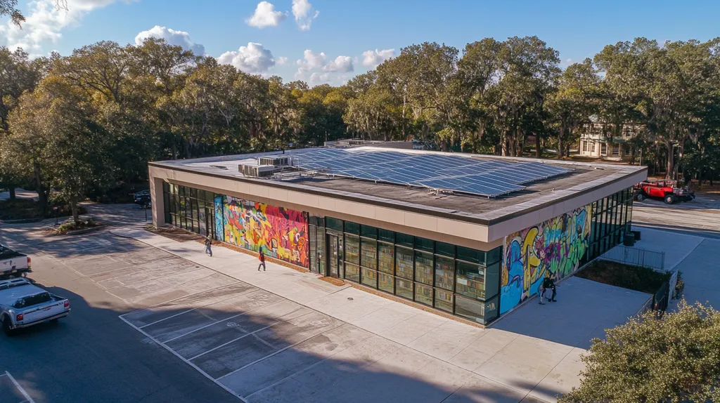 A commercial roof on a public library in a location similar to Savannah with a graffiti mural aesthetic (AI image)