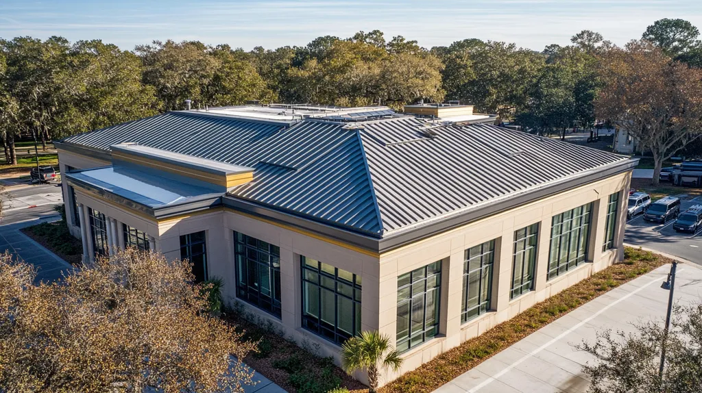 A commercial roof on a public library in a location similar to Savannah with a solid gold aesthetic (AI image)