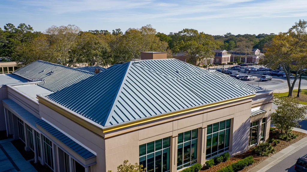 A commercial roof on a public library in a location similar to Savannah with a solid gold aesthetic (AI image)