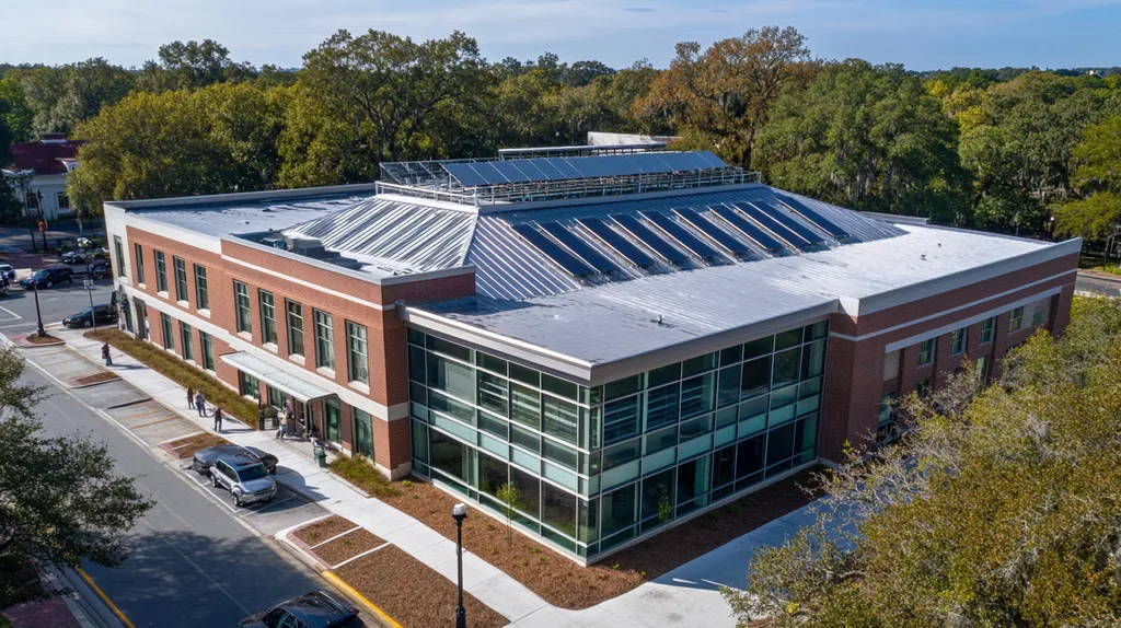 A commercial roof on a public library in a location similar to Savannah with a stainless steel aesthetic (AI image)