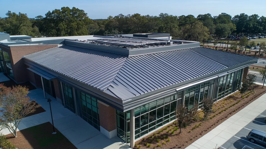 A commercial roof on a public library in a location similar to Savannah with a stainless steel aesthetic (AI image)