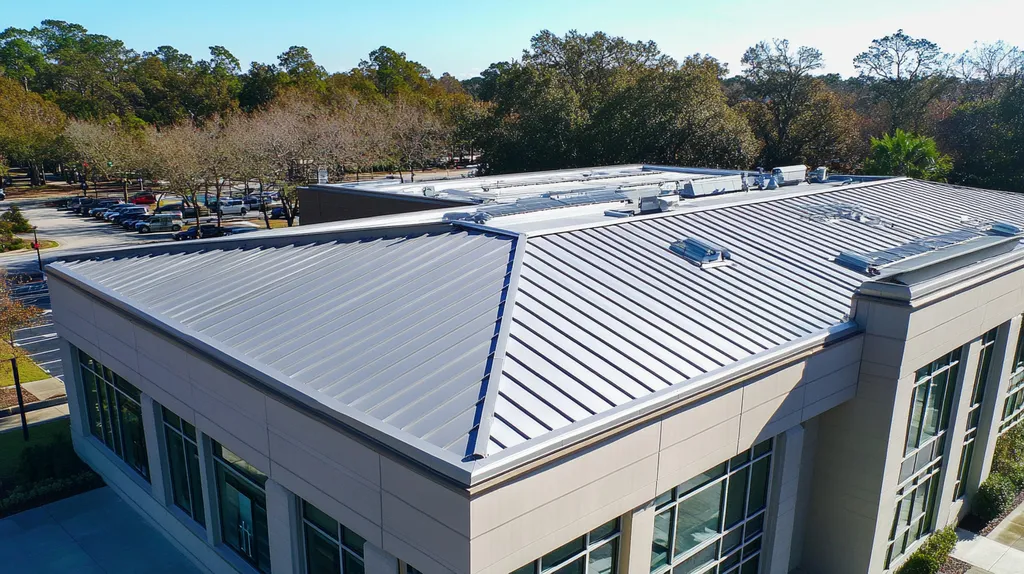 A commercial roof on a public library in a location similar to Savannah with a stainless steel aesthetic (AI image)