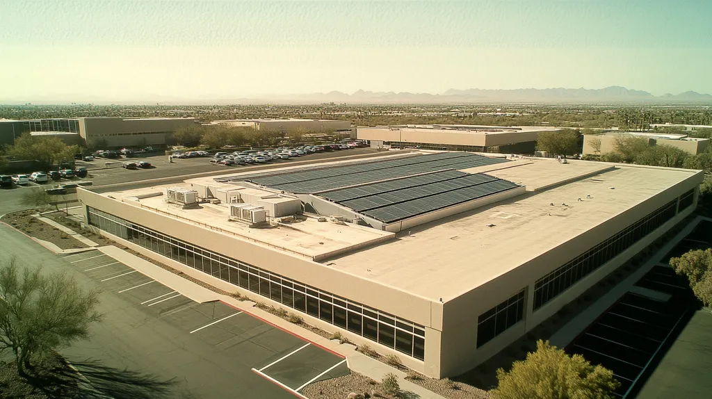 A commercial roof on a public library in a location similar to Scottsdale with a Polaroid aesthetic (AI image)