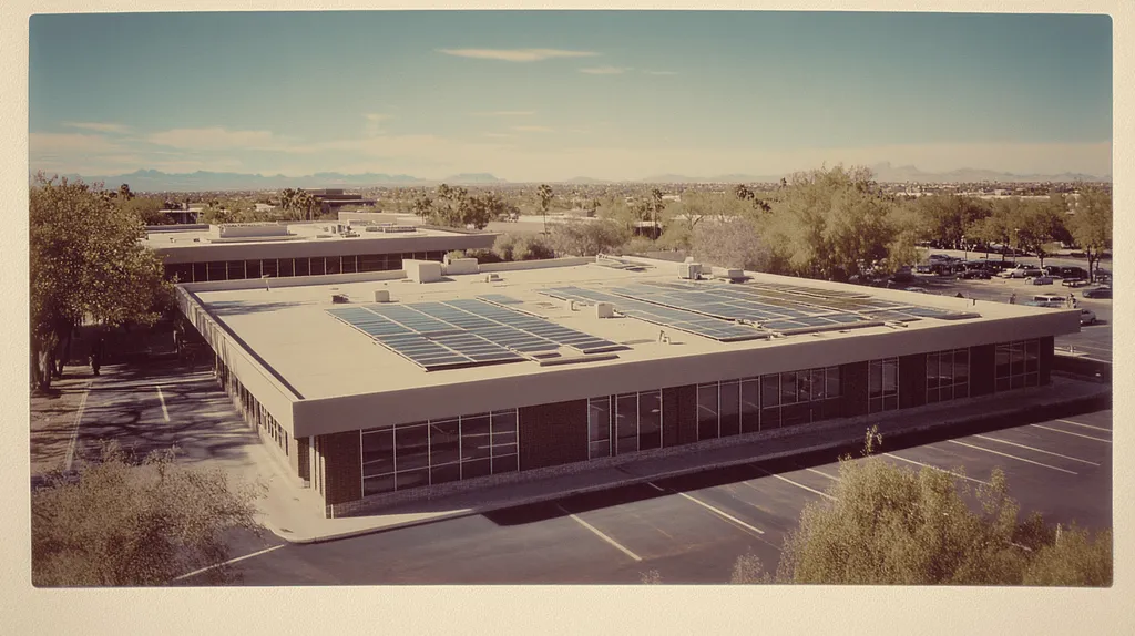 A commercial roof on a public library in a location similar to Scottsdale with a Polaroid aesthetic (AI image)
