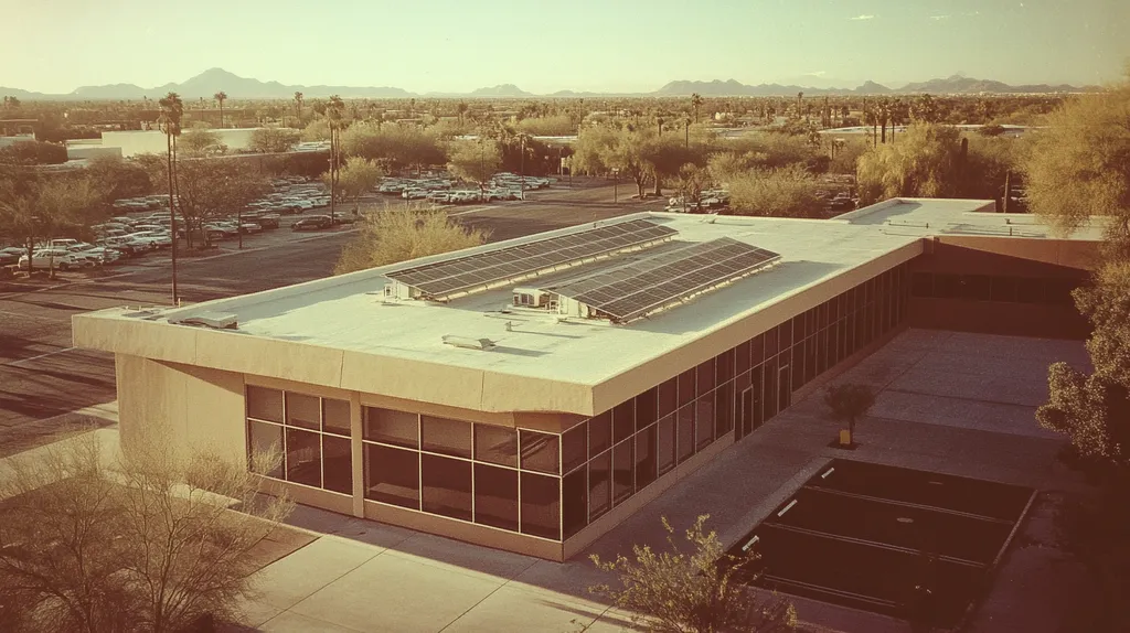 A commercial roof on a public library in a location similar to Scottsdale with a Polaroid aesthetic (AI image)