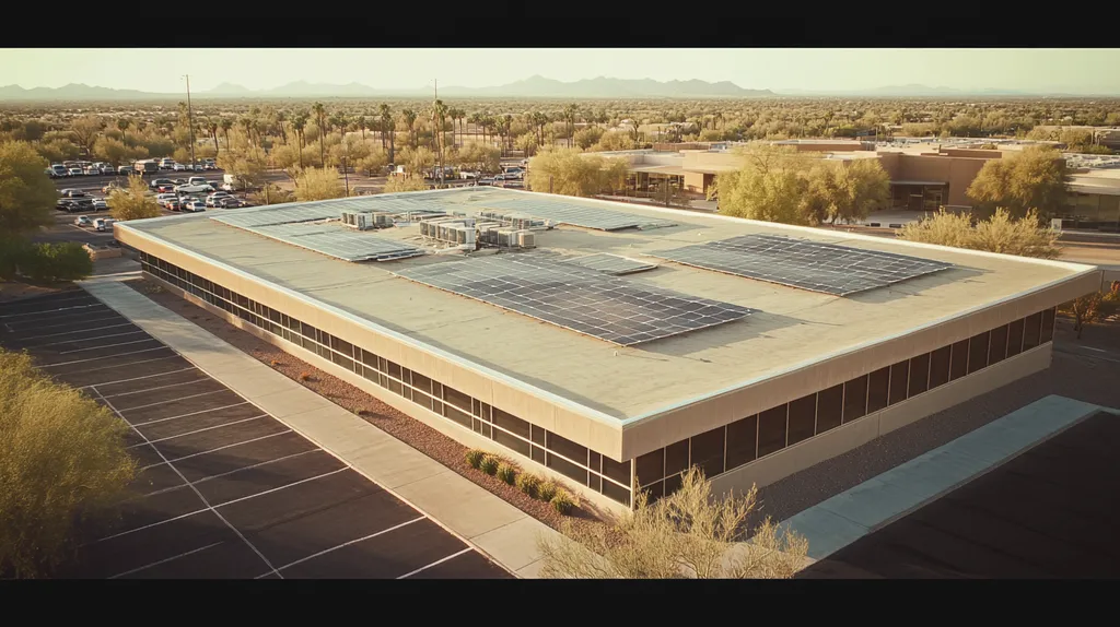 A commercial roof on a public library in a location similar to Scottsdale with a Polaroid aesthetic (AI image)
