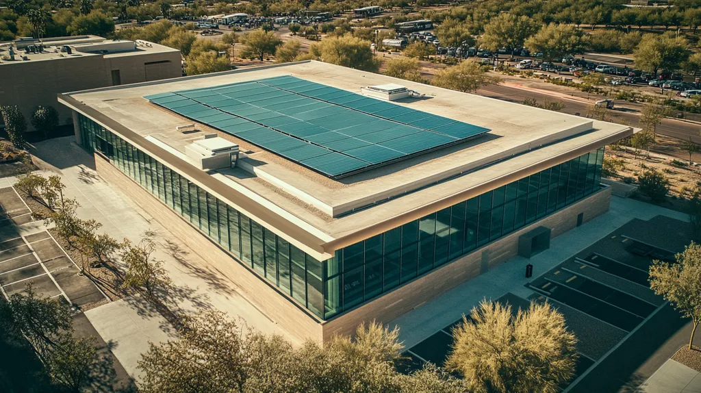 A commercial roof on a public library in a location similar to Scottsdale with a cross-processed look aesthetic (AI image)