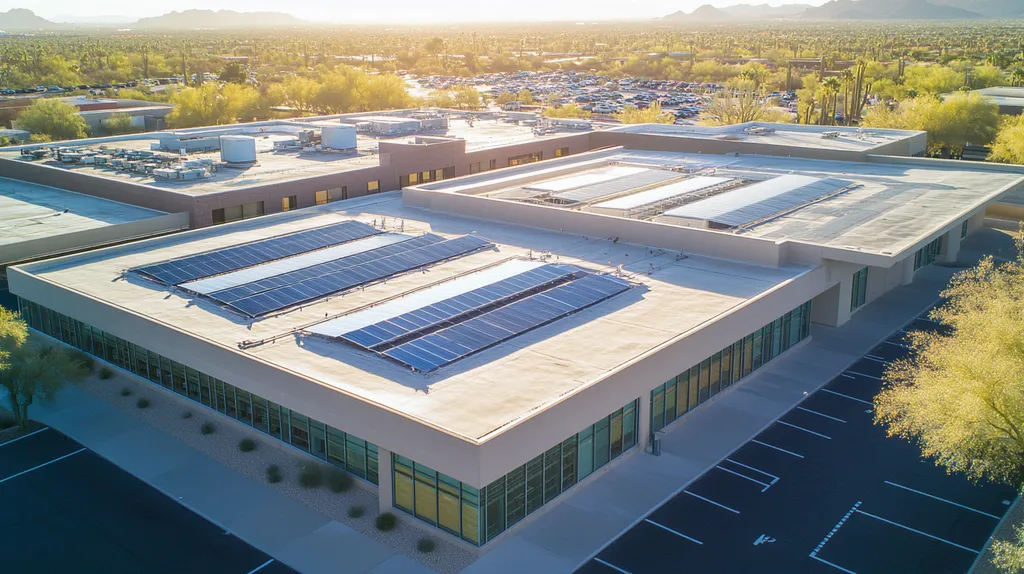 A commercial roof on a public library in a location similar to Scottsdale with a cross-processed look aesthetic (AI image)
