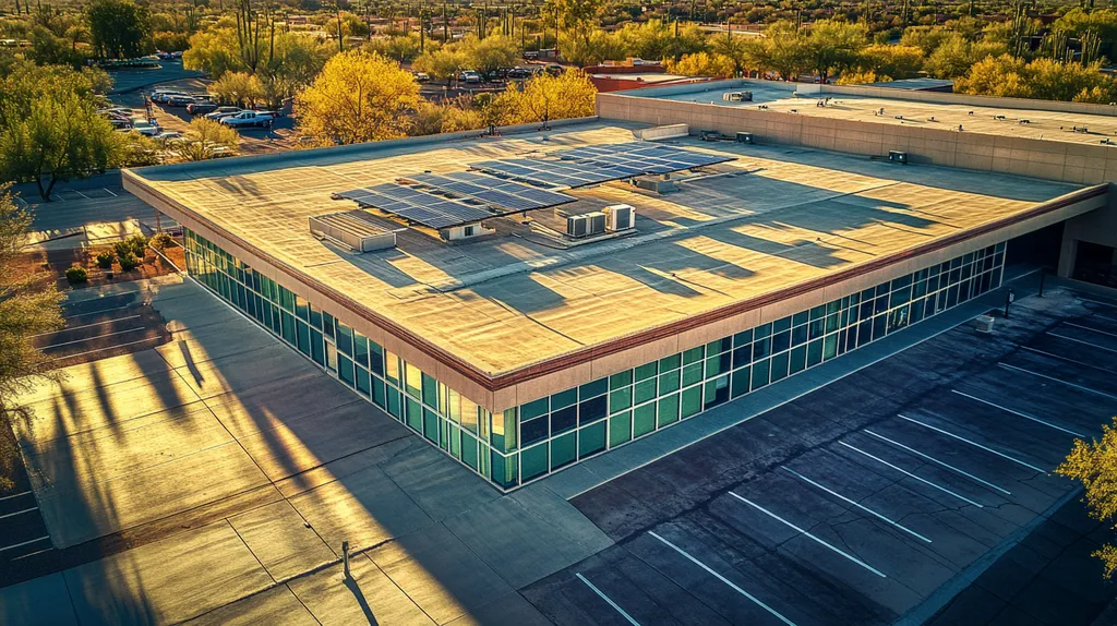 A commercial roof on a public library in a location similar to Scottsdale with a cross-processed look aesthetic (AI image)