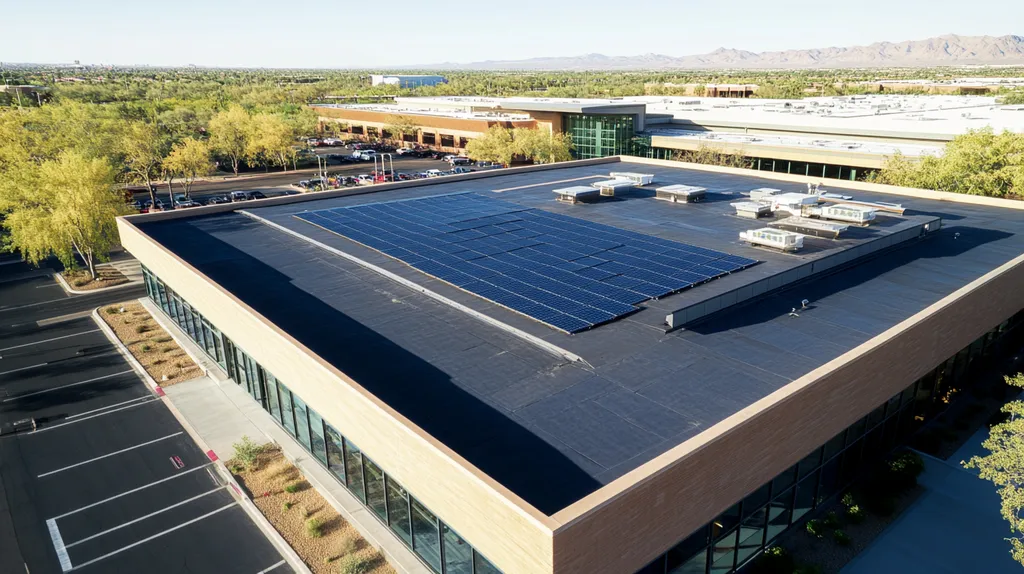 A commercial roof on a public library in a location similar to Scottsdale with a cross-processed look aesthetic (AI image)
