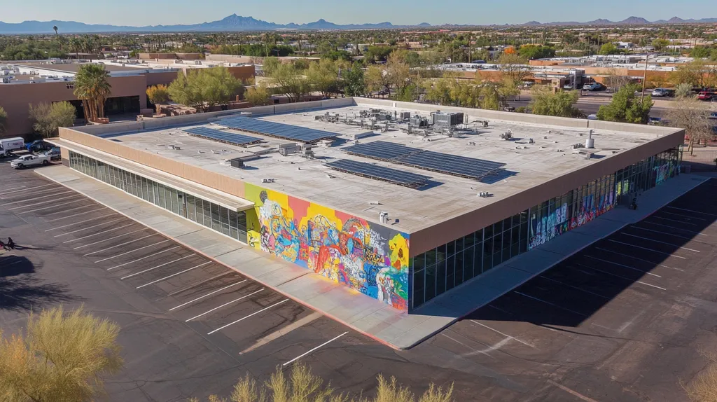 A commercial roof on a public library in a location similar to Scottsdale with a graffiti mural aesthetic (AI image)