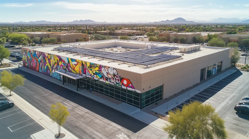 A commercial roof on a public library in a location similar to Scottsdale with a graffiti mural aesthetic (AI image)