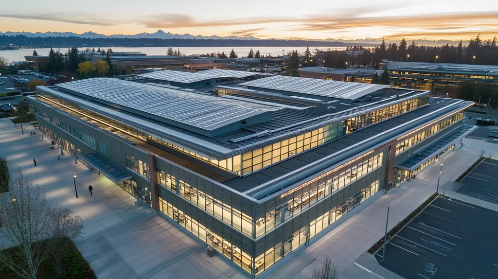 A commercial roof on a public library in a location similar to Seattle with an illuminated nightscape aesthetic (AI image)