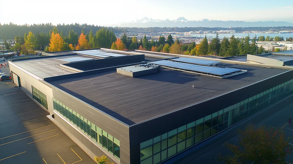 A commercial roof on a public library in a location similar to Seattle with an urban context aesthetic (AI image)
