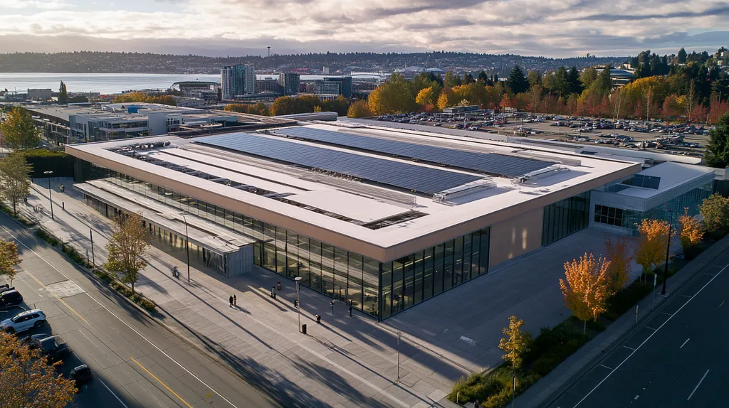 A commercial roof on a public library in a location similar to Seattle with an urban context aesthetic (AI image)