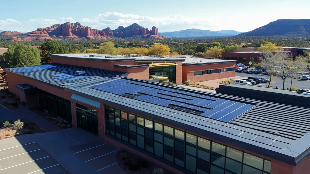 A commercial roof on a public library in a location similar to Sedona with a color highlight aesthetic (AI image)