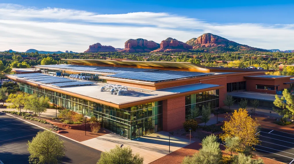 A commercial roof on a public library in a location similar to Sedona with a color highlight aesthetic (AI image)