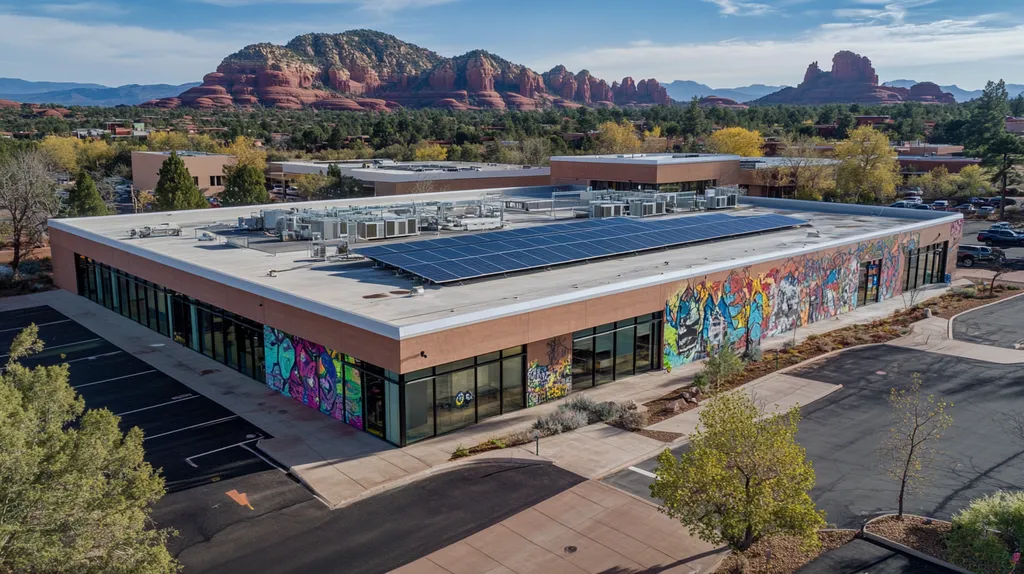 A commercial roof on a public library in a location similar to Sedona with a graffiti mural aesthetic (AI image)