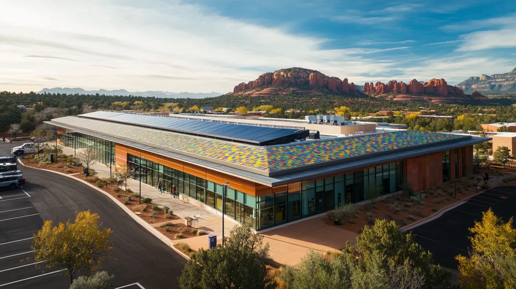 A commercial roof on a public library in a location similar to Sedona with a mosaic tile art aesthetic (AI image)