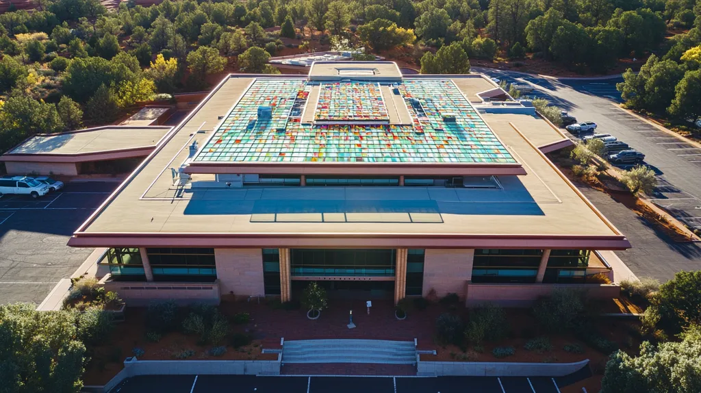A commercial roof on a public library in a location similar to Sedona with a stained glass style aesthetic (AI image)