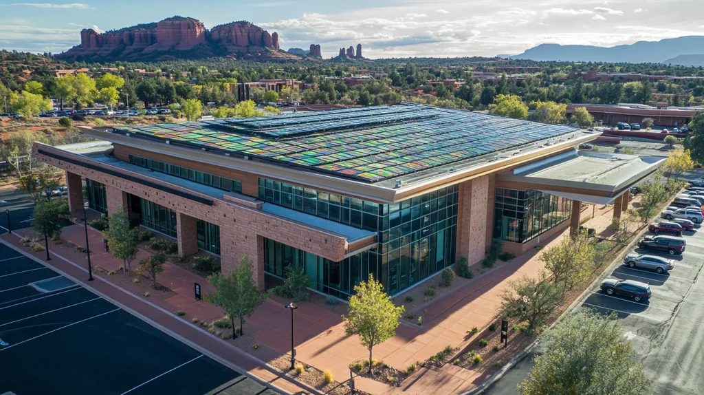 A commercial roof on a public library in a location similar to Sedona with a stained glass style aesthetic (AI image)