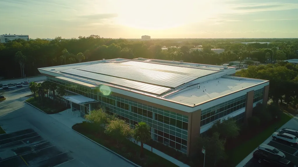 A commercial roof on a public library in a location similar to Tampa with a light beams aesthetic (AI image)