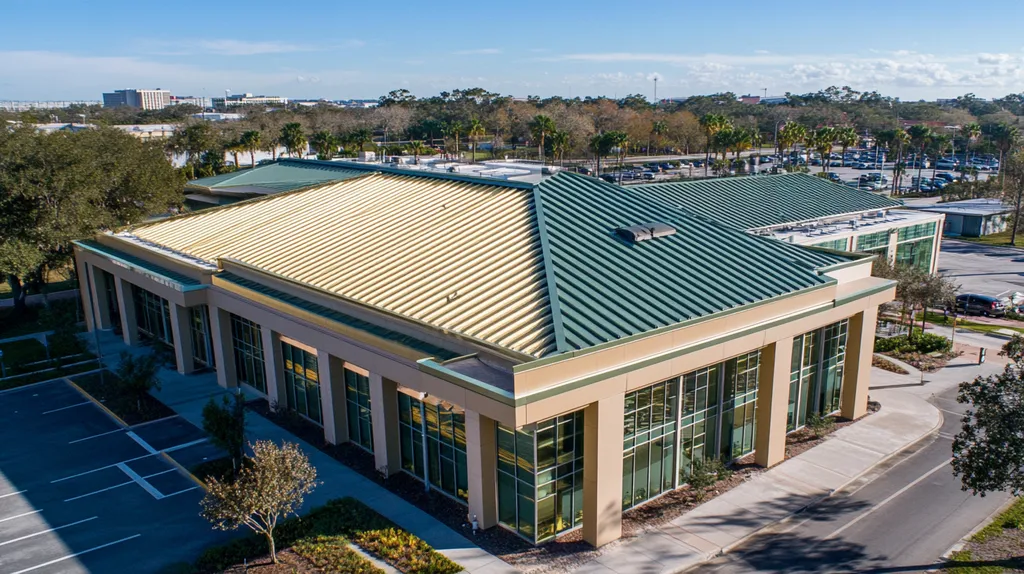 A commercial roof on a public library in a location similar to Tampa with a solid gold aesthetic (AI image)