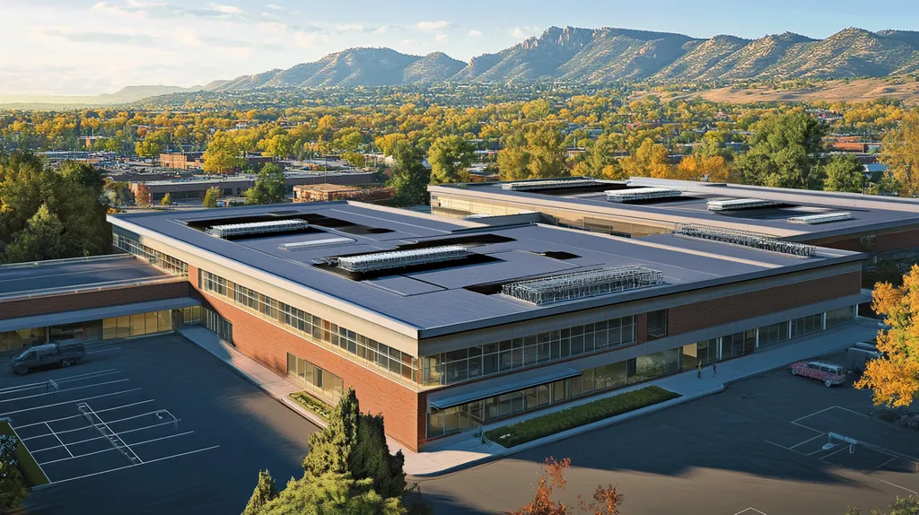 A commercial roof on a research laboratory in a location similar to Boulder with a comic book style aesthetic (AI image)